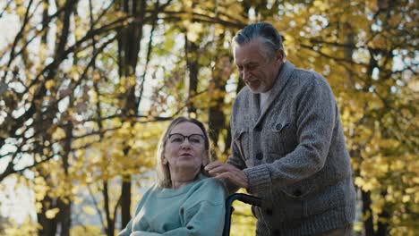 Senior-man-pushing-woman-on-wheelchair-in-park