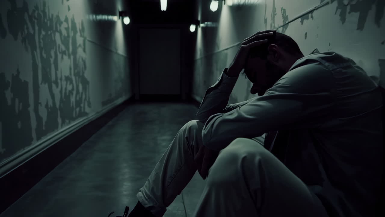 Depressed Man in a Dark Hallway