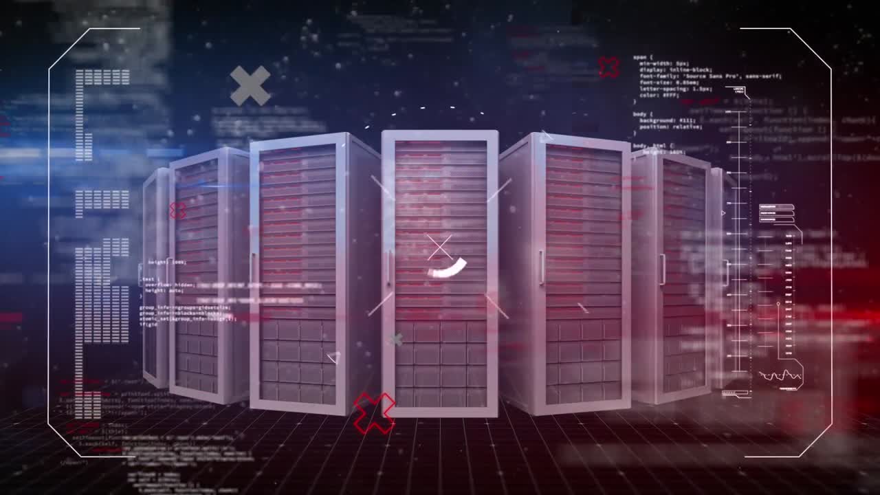 Animation of data processing and scope scanning over server room