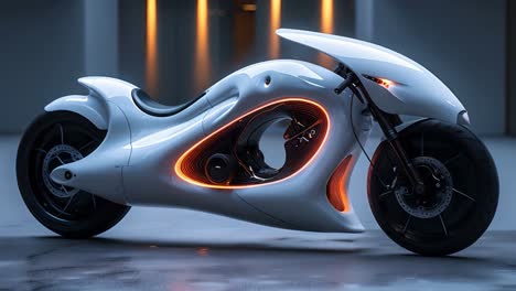 futuristic white concept motorcycle with orange glow