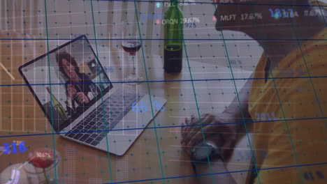 animación del procesamiento de datos financieros sobre diversas personas en una llamada de video portátil