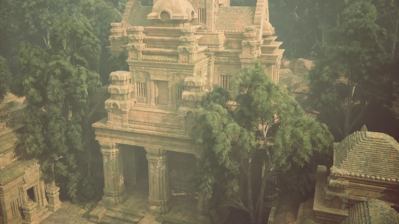 Temple historique entouré d'arbres luxuriants dans un paysage antique serein