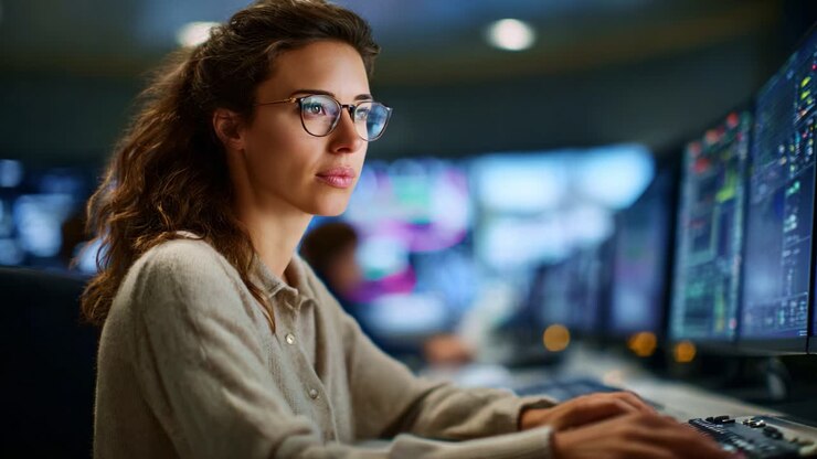 Focused Professional Analyzing Data on Multiple Monitors in a High-Tech Environment with Soft Lighting and Modern Design, Representing Dedication and Expertise