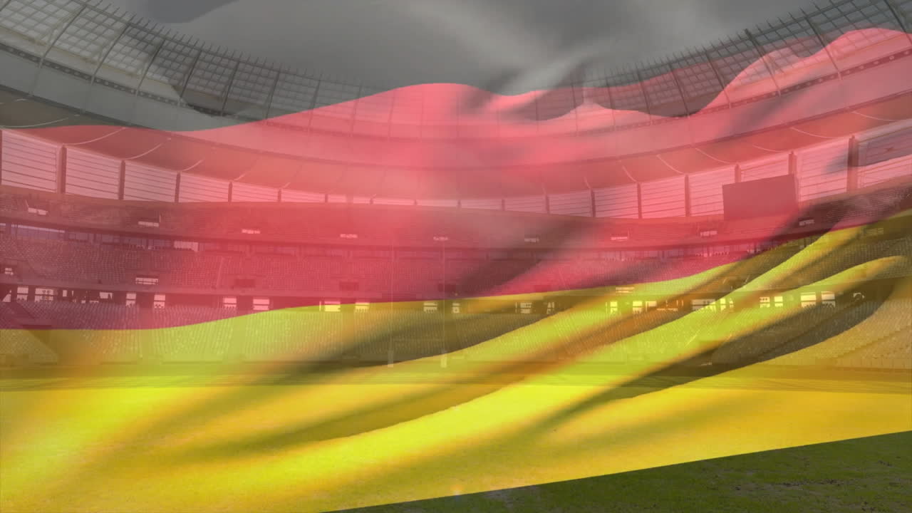Waving German flag animation over stadium with green field, celebrating sports event
