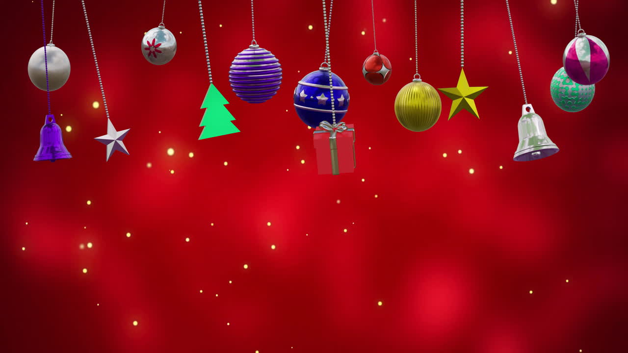 Animation of christmas baubles decoration and snow falling on red background