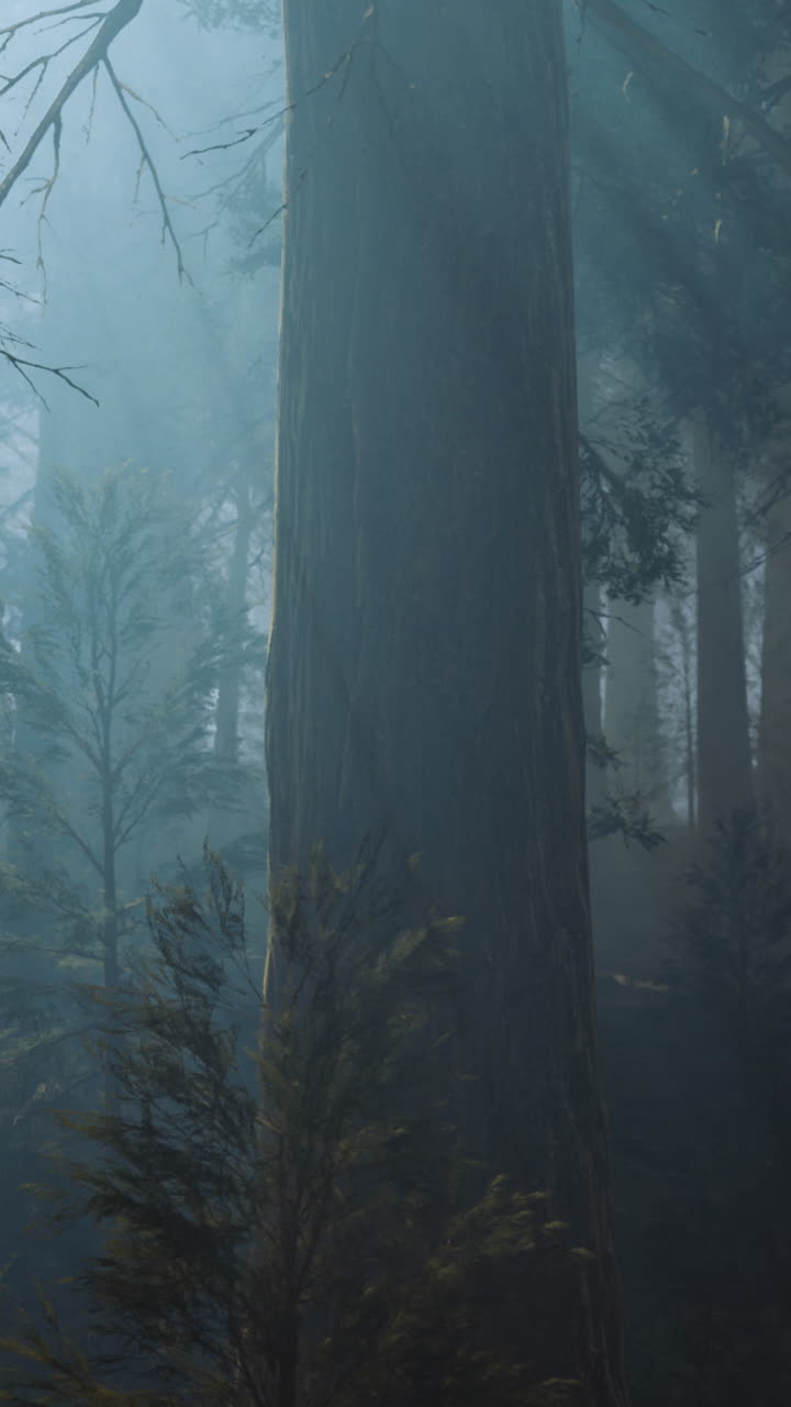 Mysterious forest shrouded in fog with tall trees in soft light