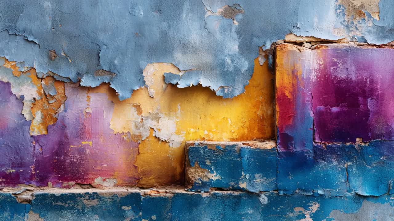 A Captivating Display of Weathered Wall Art: Explore the Beautiful Layers of Colorful Peeling Paint and Textures, Showcasing the Passage of Time and Nature's Intricate Patterns