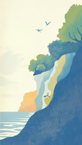 Minimalist coastal landscape illustration with birds, cliffs, and sea