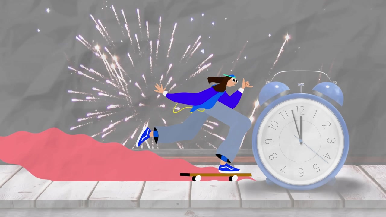 Animasjon av ikon med mann som skater over klokke.