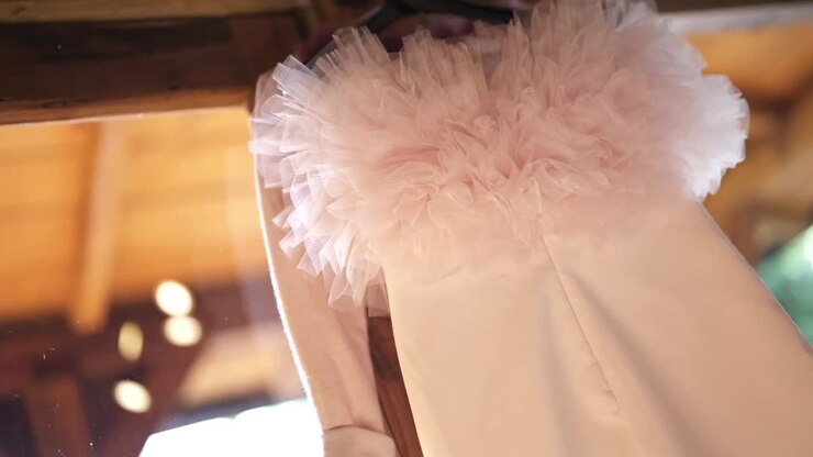 Slow motion establishing detail shot of layered tulle bodice hanging from bridal gown before wedding ceremony in warm ambient lighting