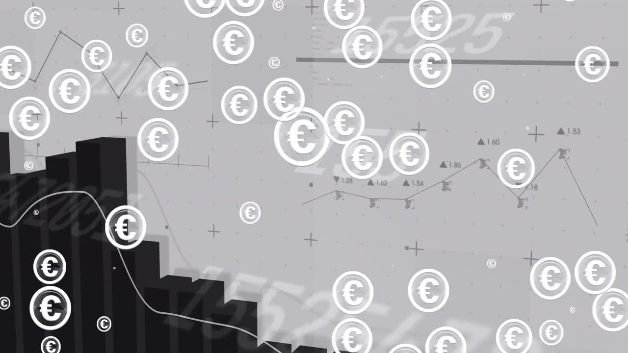 Animazione di simboli dell'euro su elaborazione di dati finanziari su sfondo bianco