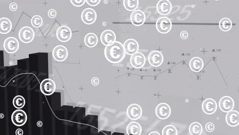 animation of euro symbols over financial data processing on white background