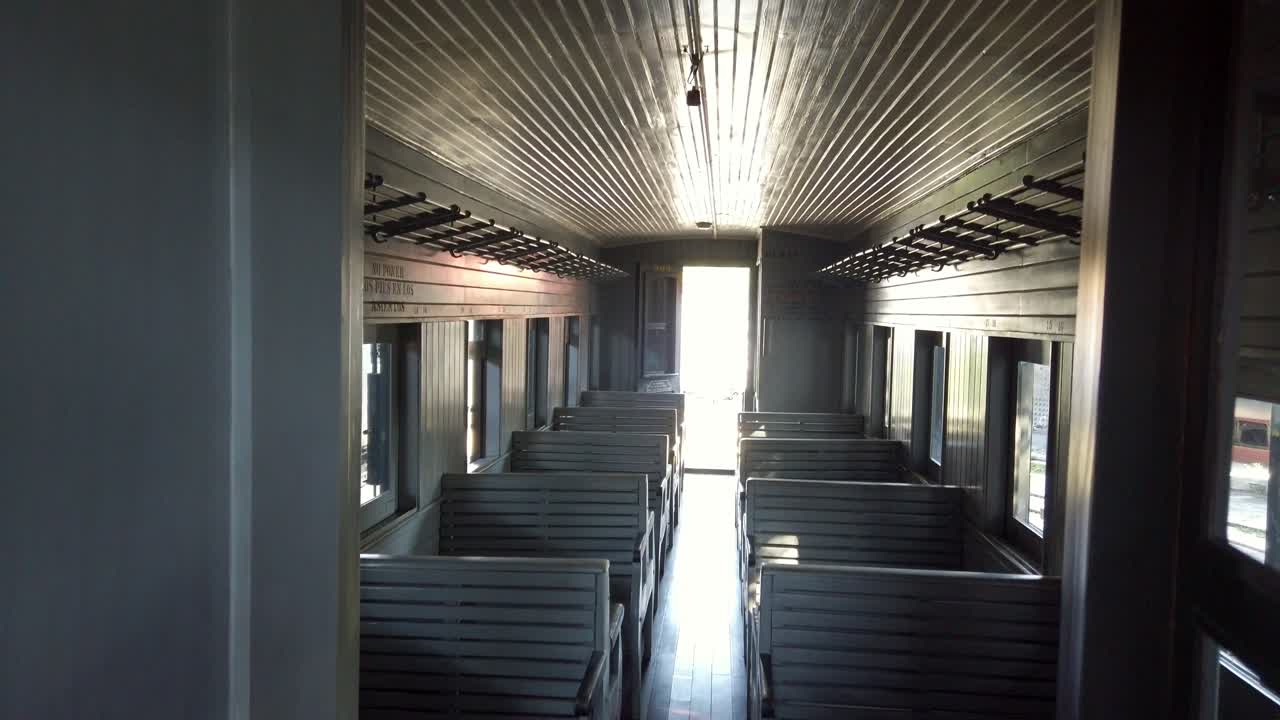 Ferrocarril Cuautla train interior in Mexico, vintage wooden seats and old railway carriage design, history and heritage transport