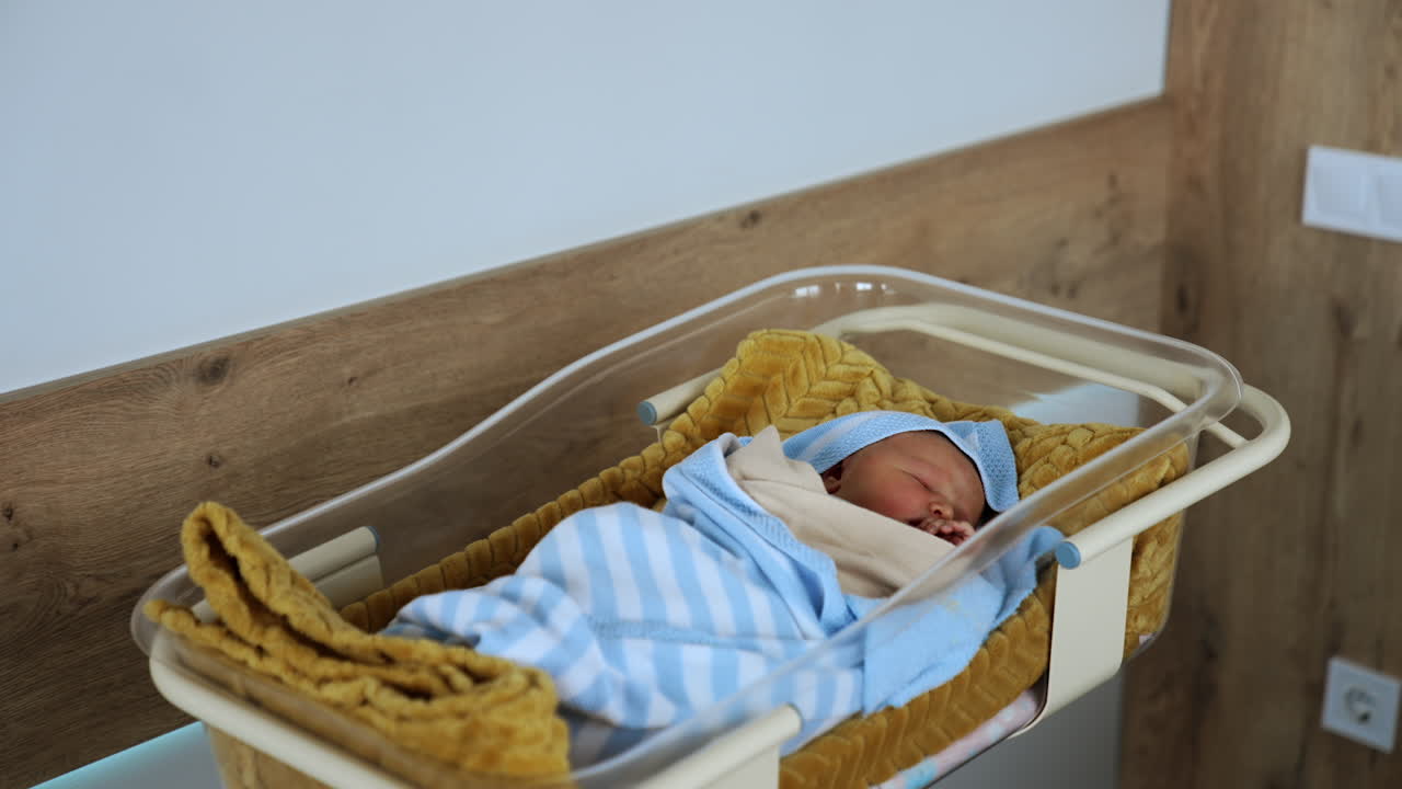 Hospital crib with a newborn sleeping in it. Lovely kid covered in blankets moves in his sleep.
