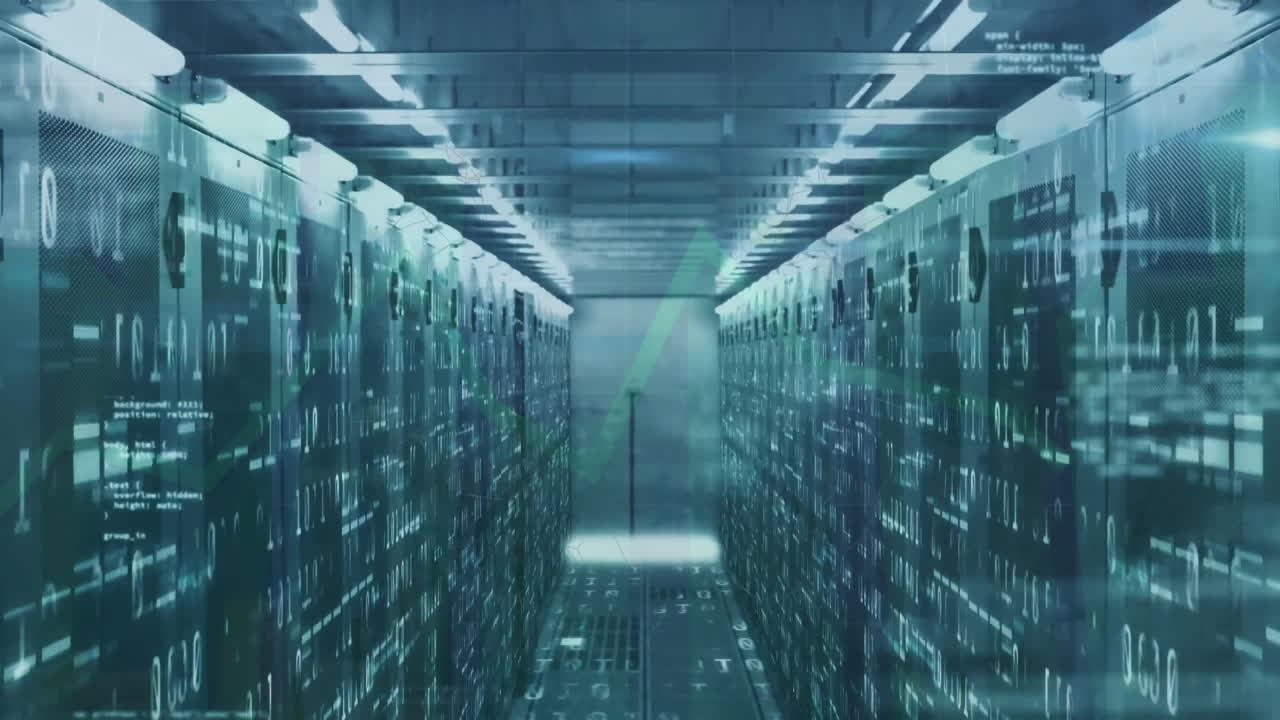 Animation of data processing and binary coding over server room