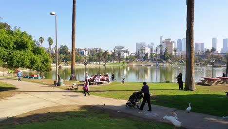 Antena-De-Gente-Haciendo-Un-Picnic-Y-Caminando-En-El-Lago-Macarthur-Park,-Cerca-Del-Centro-De-Los-ángeles,-California,-Distrito-Wishire