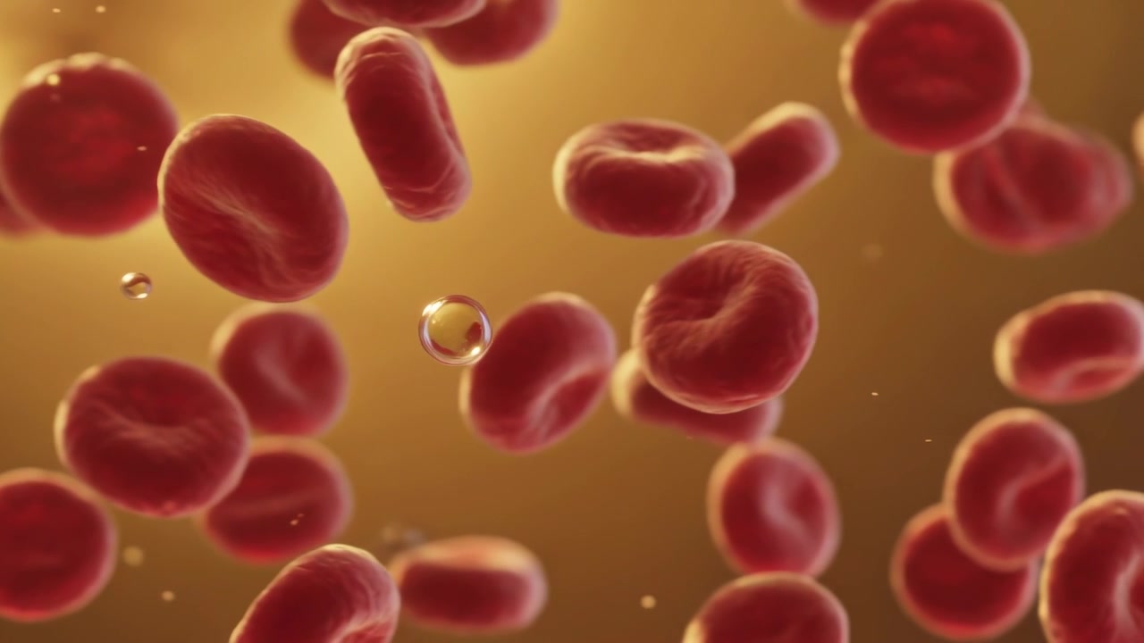 Drifting on gentle flow, red blood cells rotating in bloodstream, carrying droplets for circulation