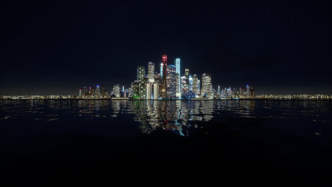 Illuminated Modern City Skyline Reflected On Water At Night