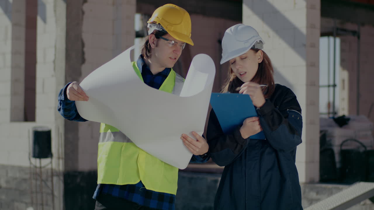 Young male construction worker holding blueprint while discussing with female supervisor writing on clipboard at site