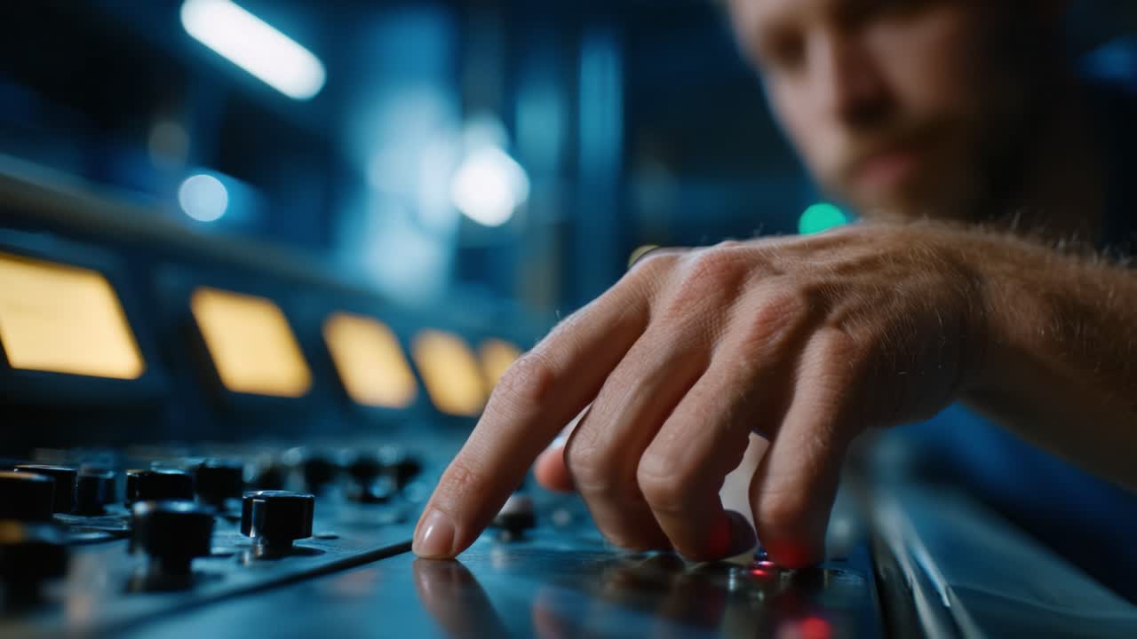 Close-Up of a Person's Hand Adjusting Controls on a Modern Sound Mixing Console in a Dark Ambient Studio Environment