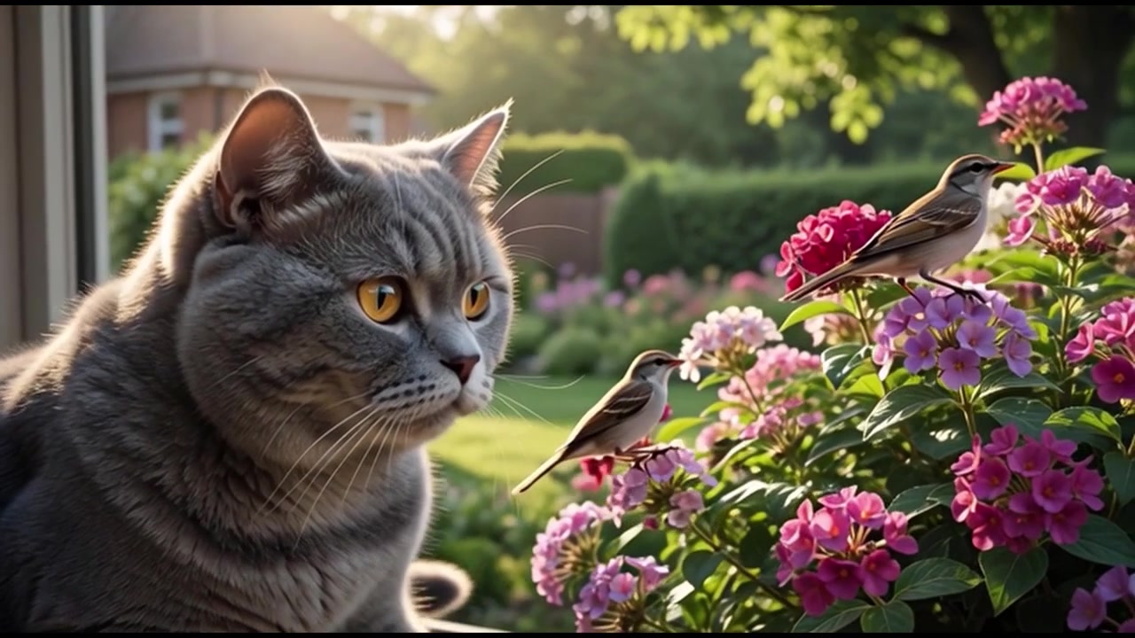 Kucing Abu-abu Mengamati Burung Kecil Bertengger di Bunga Taman