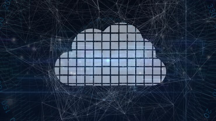 silver-blue cloud computing icon being animated over network grid, with data nodes and code