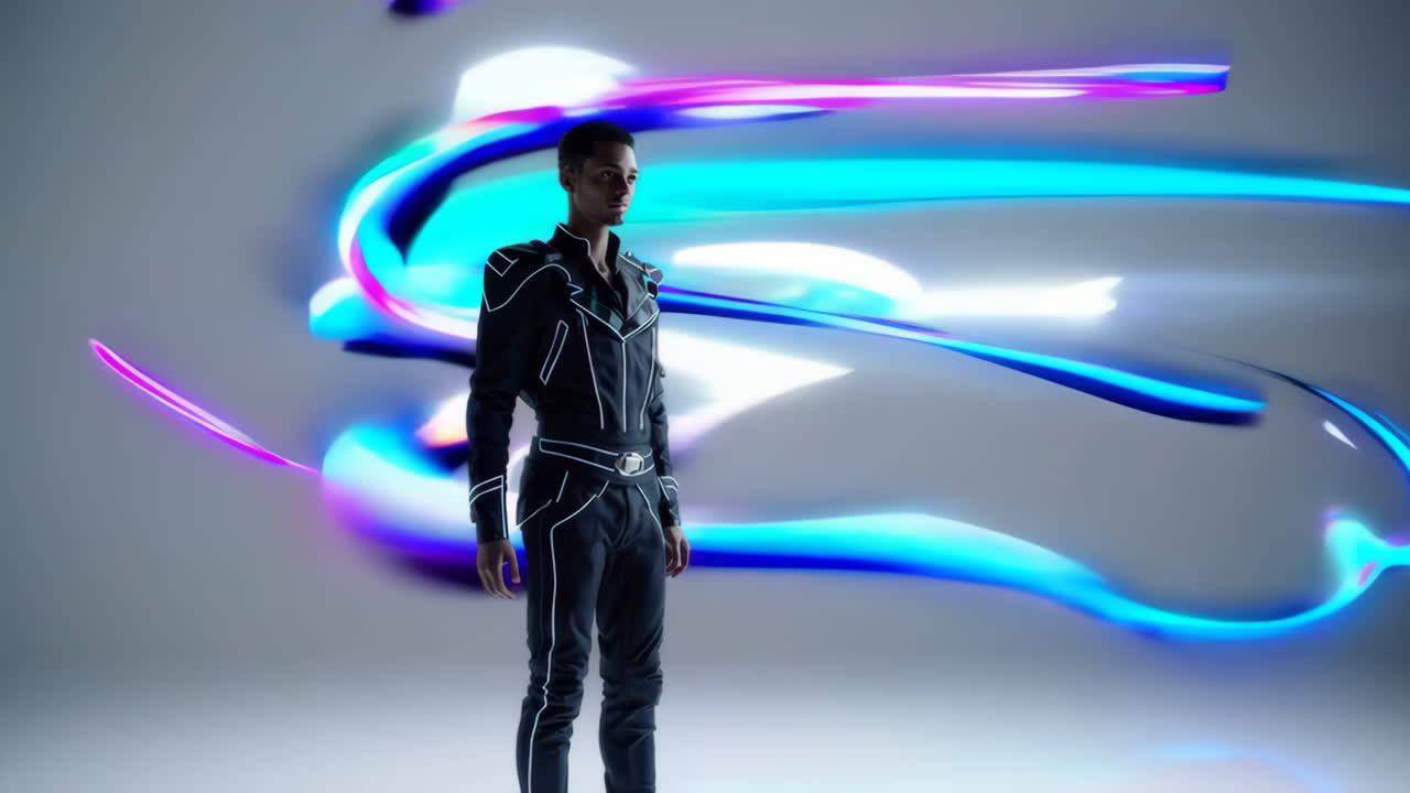 A man in a futuristic suit surrounded by vibrant, abstract light trails