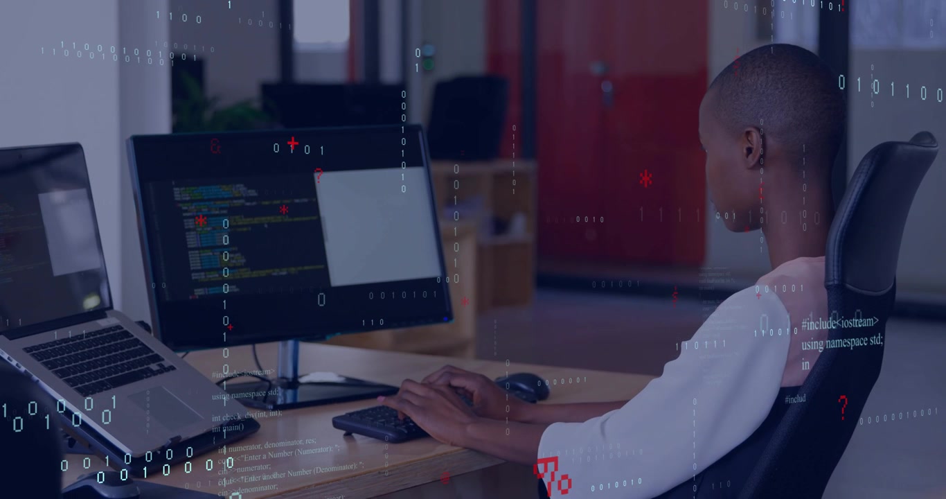 Software developer typing code for debugging causing code overlays growing around desk