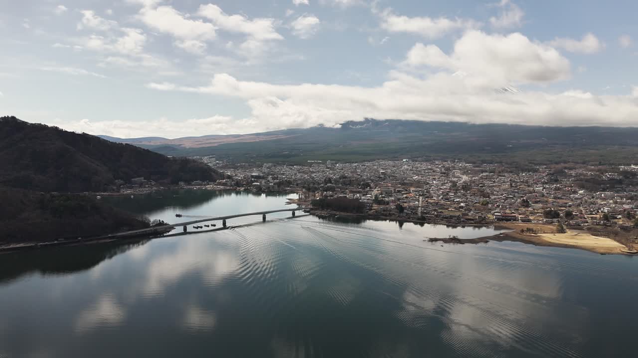 Aerial View of Lake with Bridge and Mount Fuji