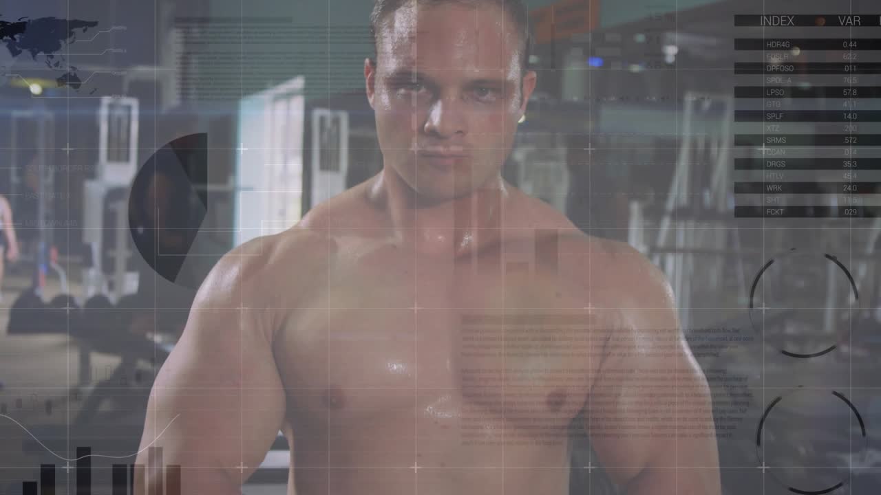 Man gripping 20kg kettlebell lifting to chest releasing to show chest fitness overlays on torso