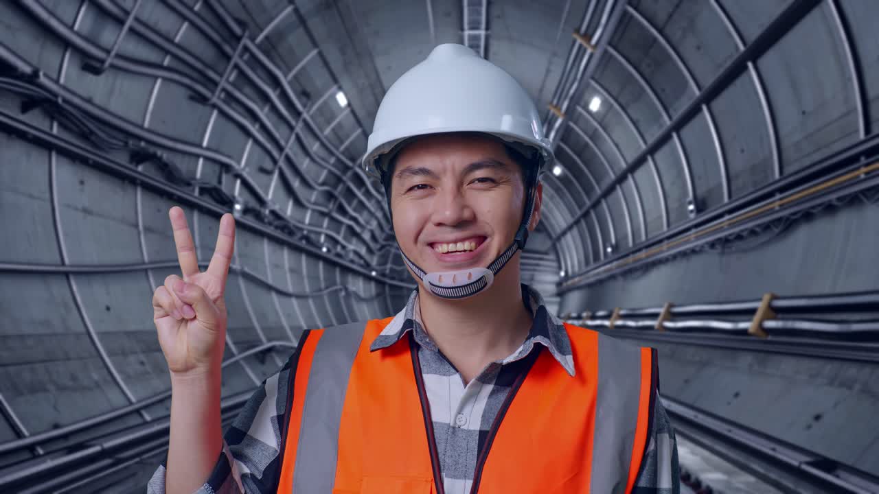 Close Up Of Asian Male Engineer With Safety Helmet Smiling And Showing Peace Gesture While Standing In Underground Subway Tunnel