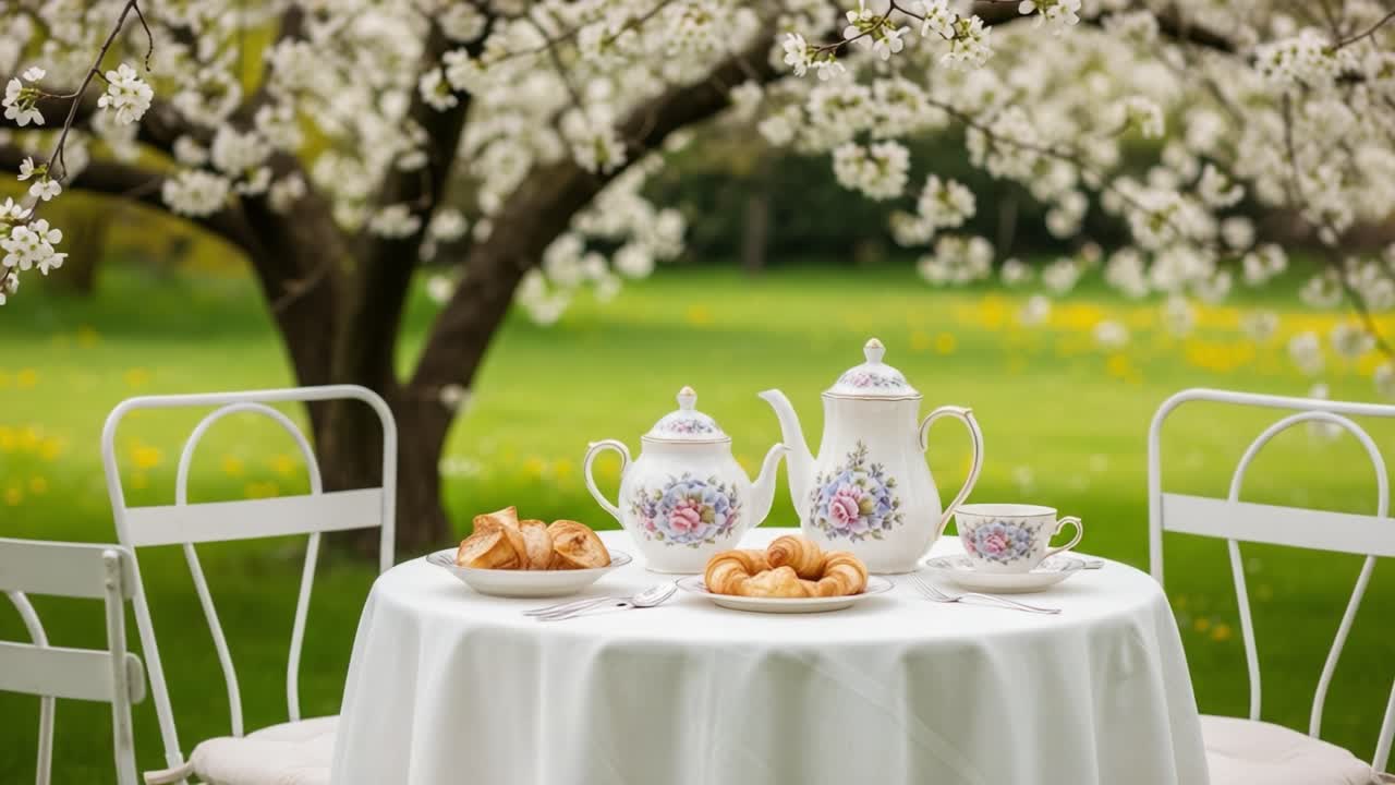 A Charming Outdoor Tea Setup Under Blossoming Trees Featuring Delicate Porcelain Teapots and Freshly Baked Croissants on a Sunlit Garden Table