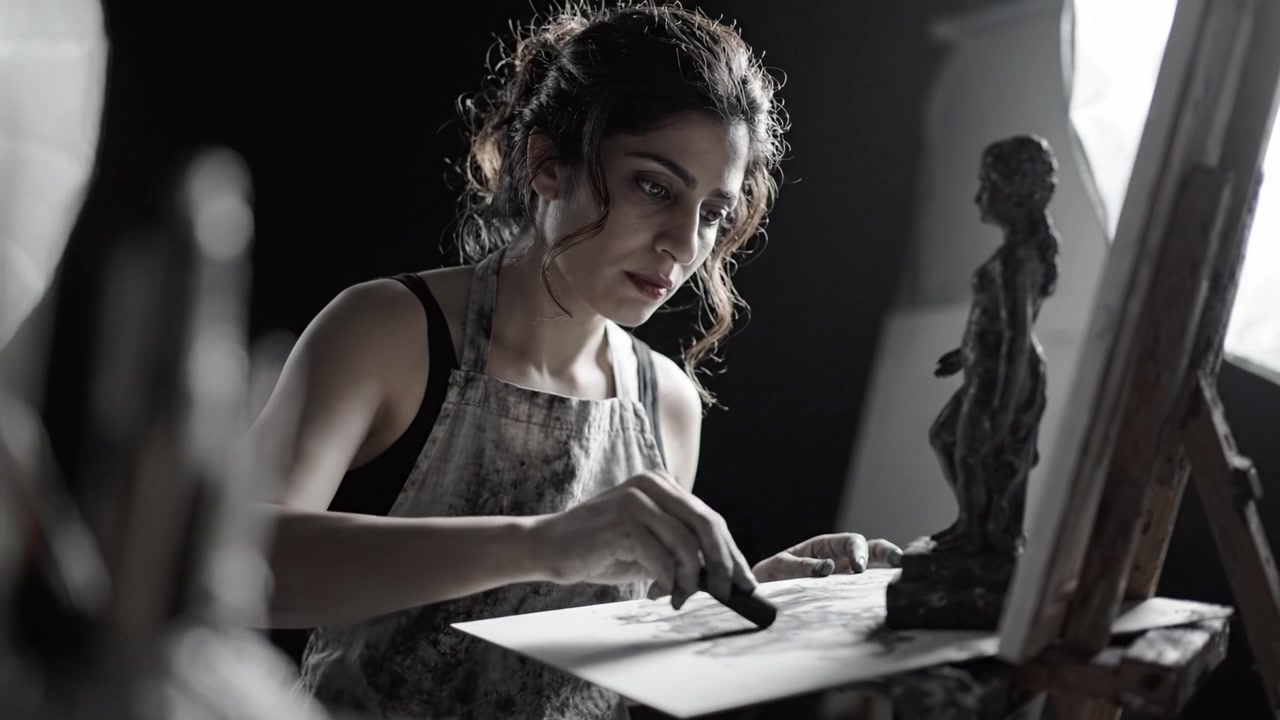 A focused artist diligently creates a sketch while surrounded by sculptural forms, demonstrating their passion and dedication to the art of drawing and sculpting.