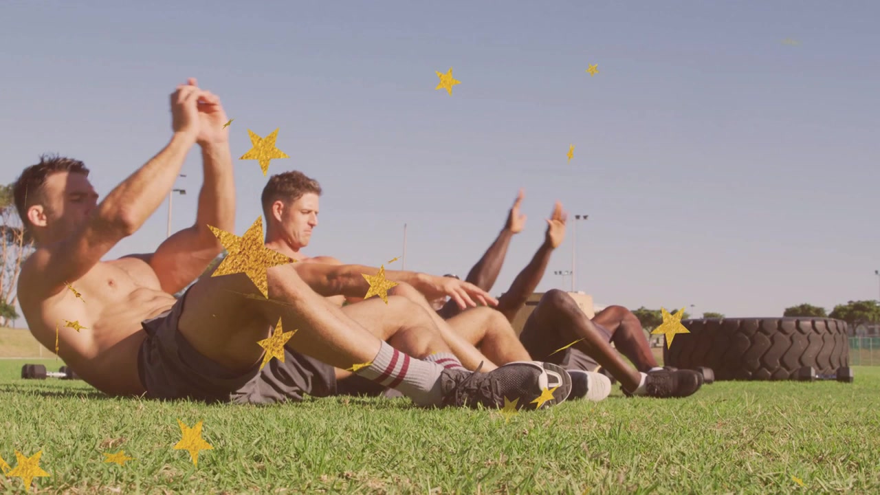 Drei Trainierende machen Sit-ups auf einem Feld zur Fitness, der linke führt, ein gelber Stern überkreuzt die Personen, Reifen.