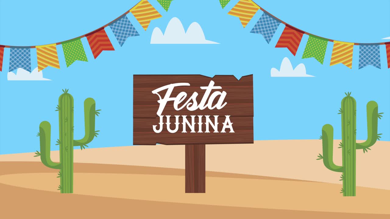 animación de letras de festa junina con etiqueta en el desierto