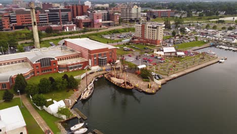 Drone-shot-of-the-Flagship-Niagara-from-The-Battle-of-Lake-Erie-docked-at-the-Maritime-Museum-in-Erie-Pennsylvania