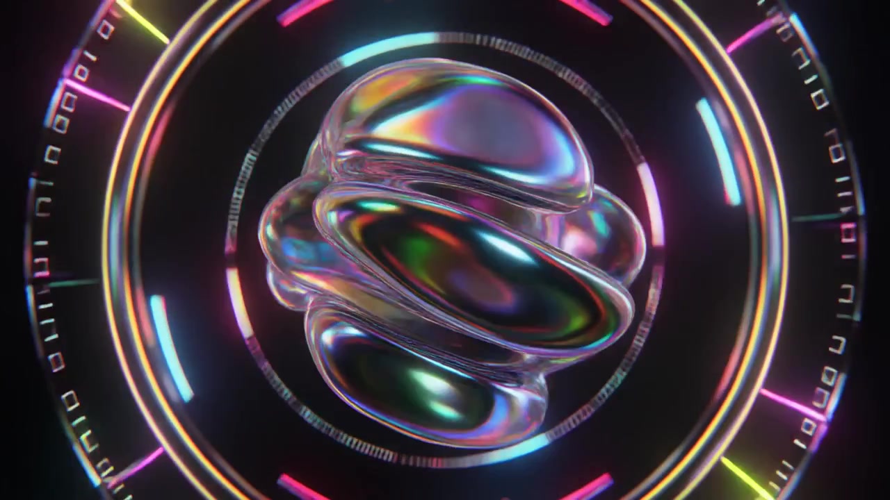 Abstracte iriserende metalen bol die roteert in een digitale HUD-interface.