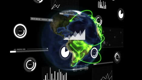 Animation-of-interface-charts-processing-data-over-globe-with-glowing-green-network-on-black