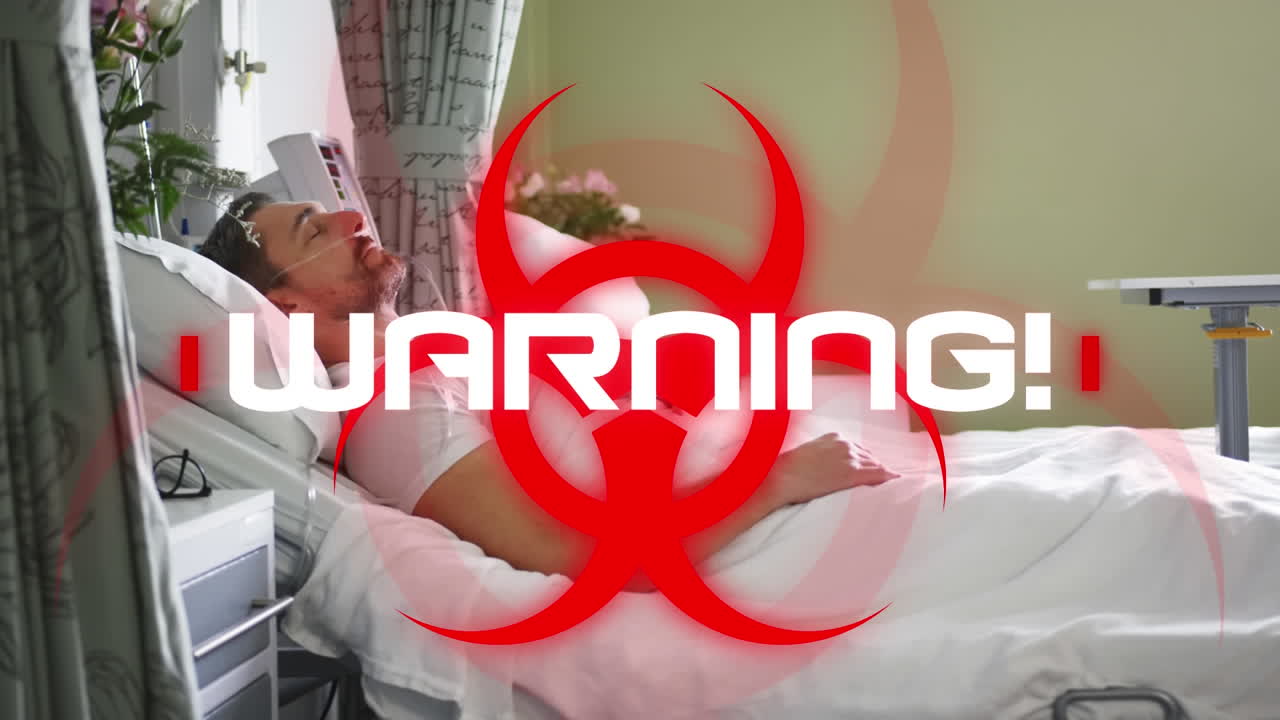 병원 침대 에 있는 환자 에 대한 경고 문장 이 있는 위험 표지판