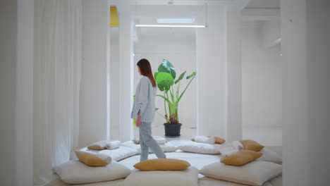 calm girl dancing room in relaxing studio. peaceful woman enjoying carefree day