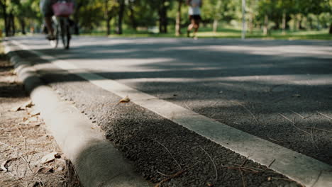 crowd of urban population enjoying early morning walk, exercising and riding bicycle early in park during the weekend break recreational activities