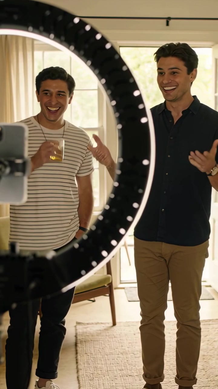 Vertical video: Laughing two men filming at home, sipping cup, pointing with ring light phone mount