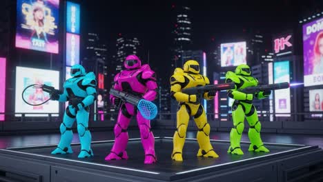 dynamic showdown of vibrant robots in a futuristic urban environment, showcasing bold color schemes and sleek technologies with an energetic atmosphere