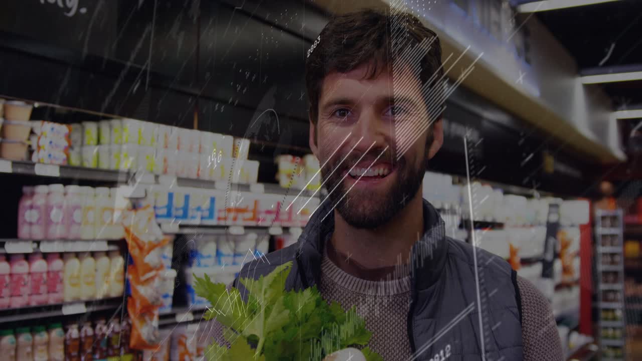 Male shopper holding bag showing fresh produce, camera panning, wave overlays highlighting produce