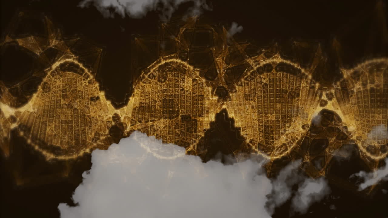 Glowing golden mesh undulating across dark void, drifting through white vapor clouds in 3D render