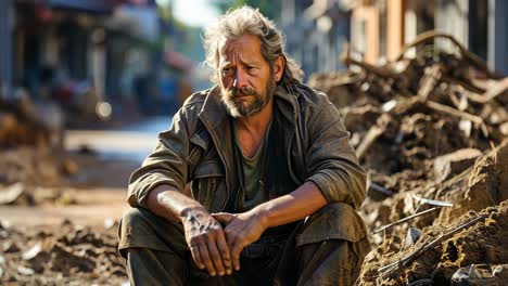 man sitting among debris in a devastated street after a disaster