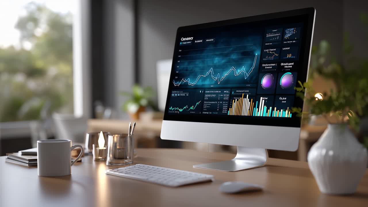 Detailed Analysis of Stock Market Trends Shown on a Computer Monitor in a Modern Office Setting, Featuring Graphs, Data Visualizations, and Insights