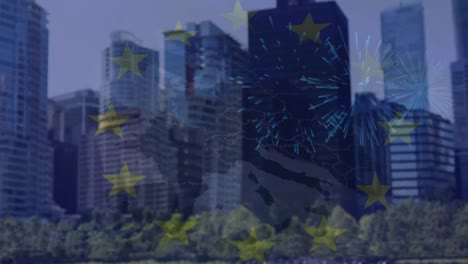 animation of fireworks exploding over european union flag and map against tall buildings