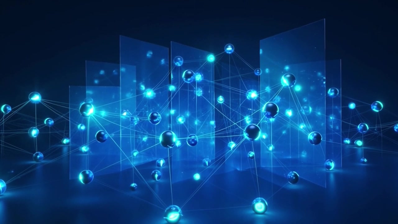 Abstract Digital Network Connection with Glowing Spheres and Data Panels