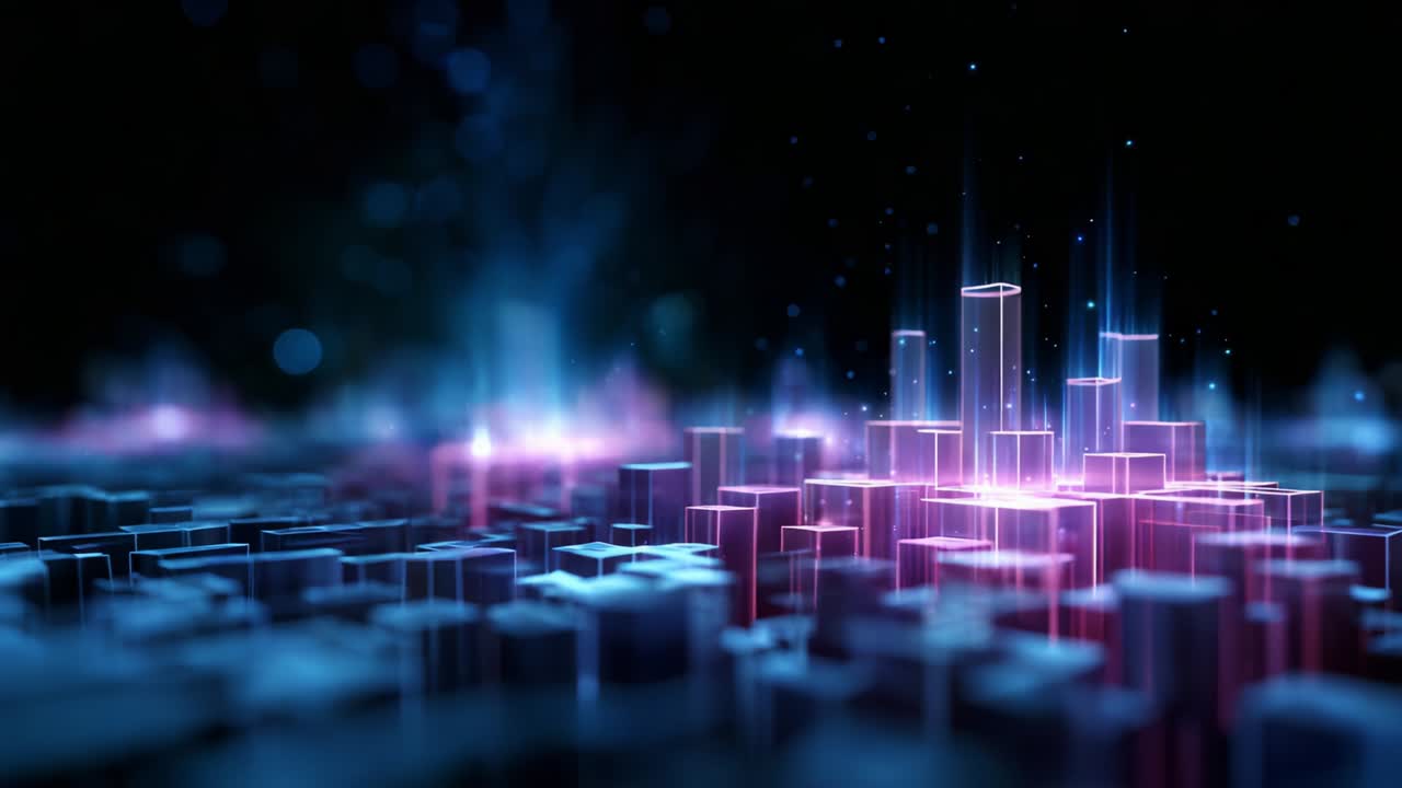 An Abstract Visualization of Dynamic Light and Color Patterns in a Futuristic City overlaid with Tall Structures Illuminated by Neon Hues against a Dark Background, Capturing the Essence of Modern Digital Art and Technology